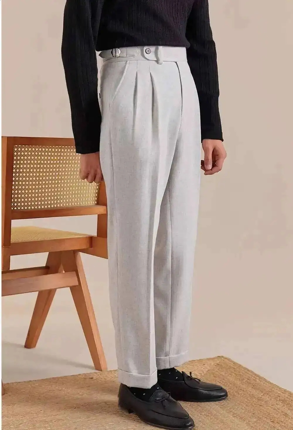 Naples High Waist Linen Suit Pants Men Breathable Straight Leg Office Trousers Pantalon Costume Homme Mens Social y260618 - view 4