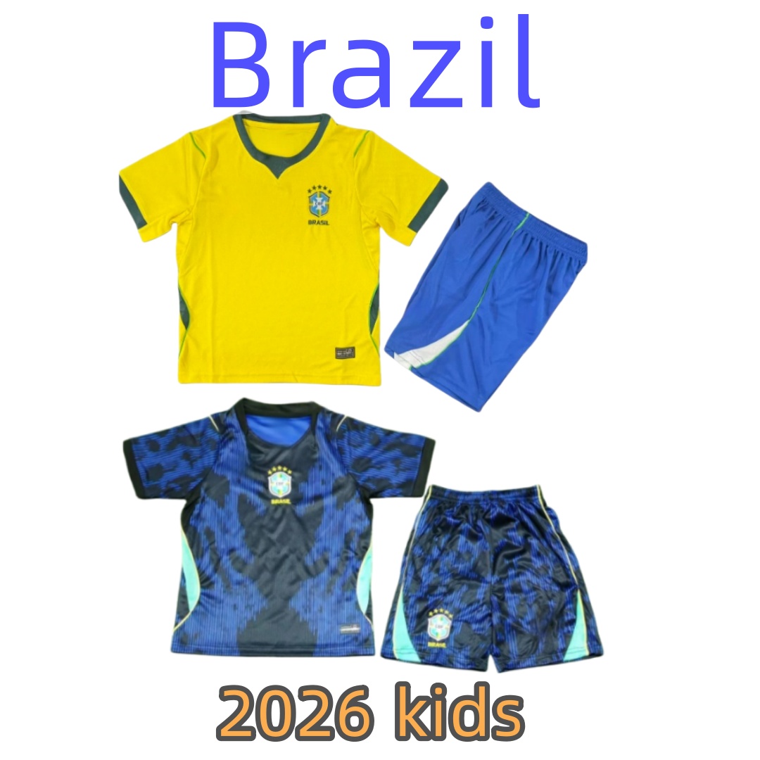 Kids Brazil style 2026 World Cup Home away Soccer Jersey Set .Custom Name Number 7 9 10 11 Quick Dry Football kit Youth Training Uniform