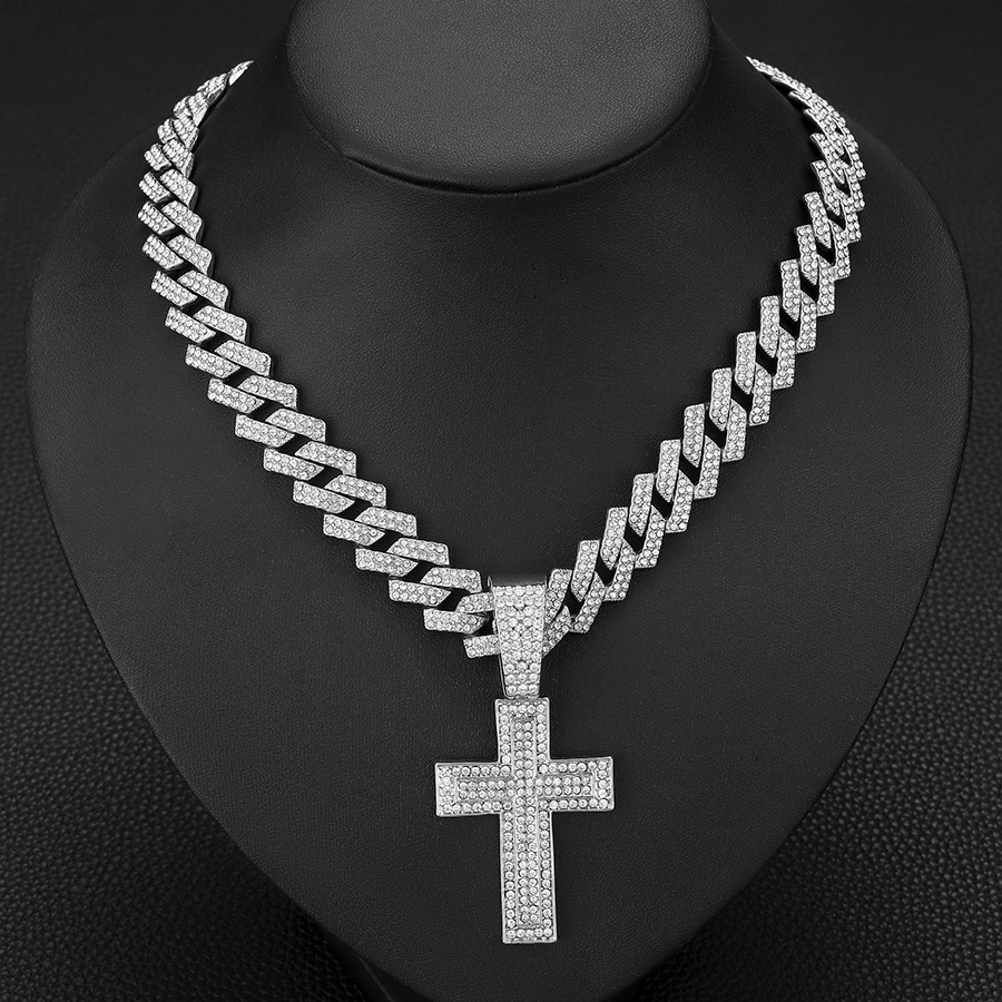 New Iced Out Men Necklace Boy Jewelry Zircon Paved Cross Charm Chain Hip Hop Cuban Necklace 18inch(45cm)
