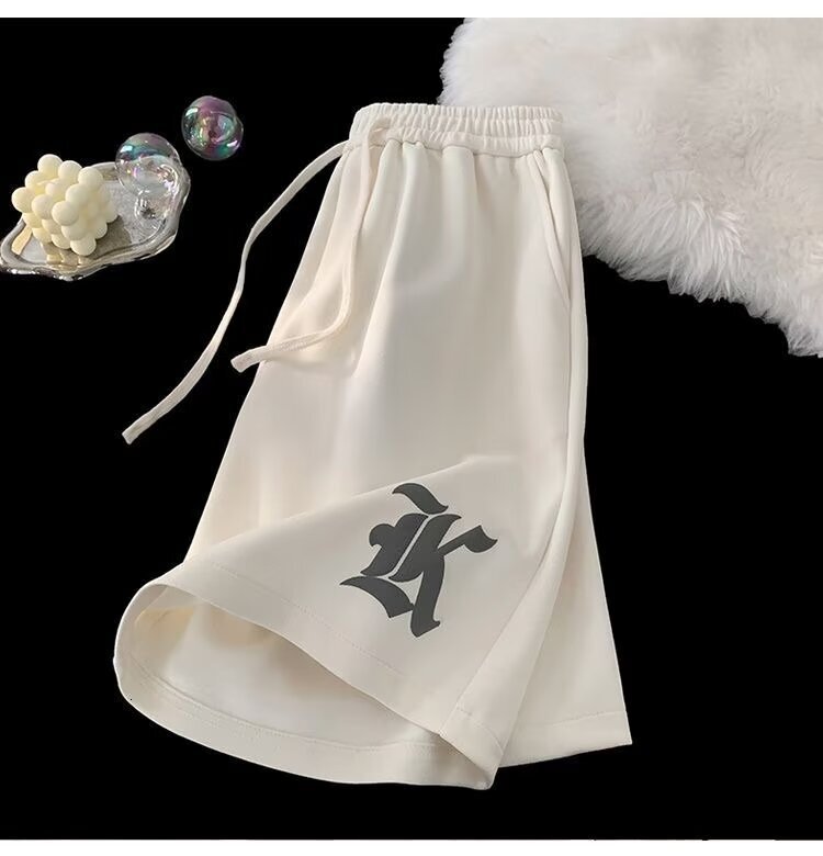Designer Luxury Unisex Cotton Sweat Shorts White Black Two Color Drawstring Five-point Side Big Gothic K Rubber Logo Hem Cursive Print Loose Hip Hop L - view 7