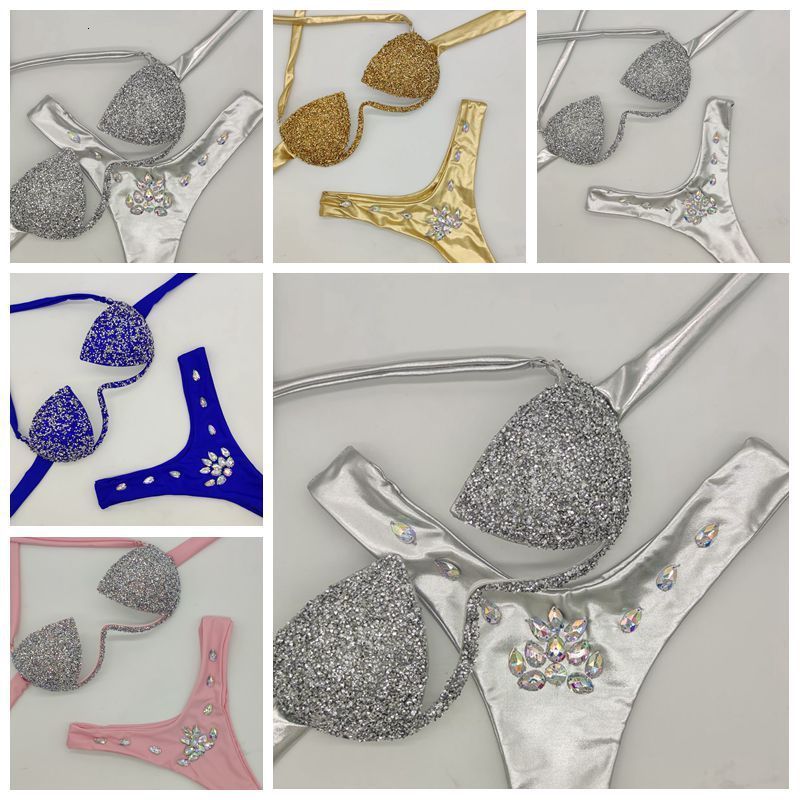 VIKINII Rose Red Crystal Biquinis Sexy Luxury Diamond Bikinis Set Women Rhinestone Swimwear Female Honey Moon Beachwear 240822