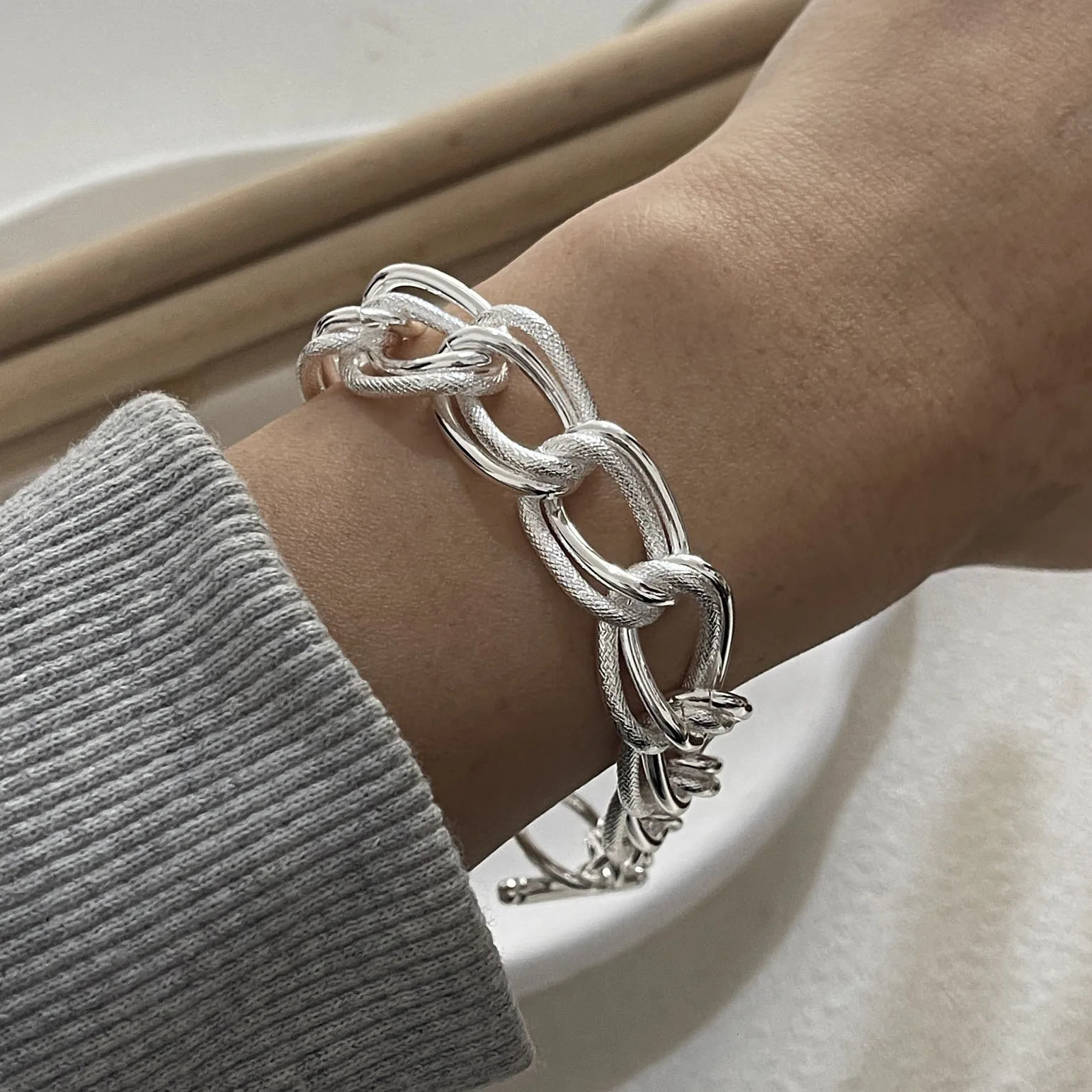 100 Solid 925 Sterling Silver Metal Bracelet for Women Vintage Handmade Simple Wide Heart Chain Bracelet Birthday Gift Party 260701 - view 7