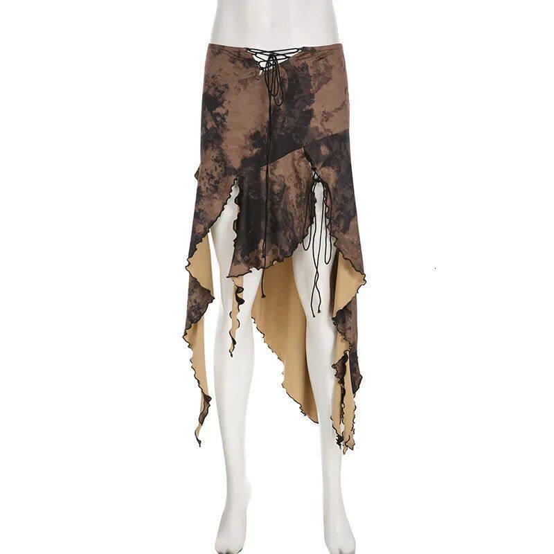 Womens Midi Skirt Low Waist High Split Vintage Pattern Print Front Tie Up Irregular Ruffle Hem Skirt for Party Club Night 250429