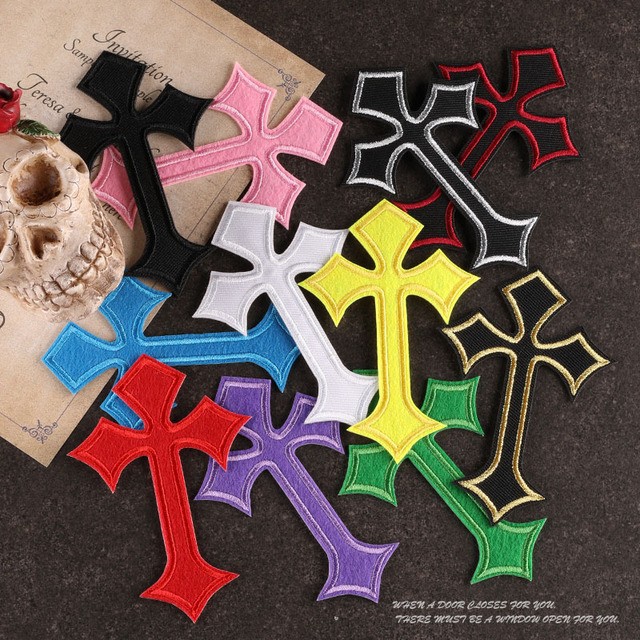 Black Red Colorful Cross Embroidered Iron on Patches for Clothing Chrome DIY Hearts for Jeans Hats Clothes Sewing Sticker 11pcs