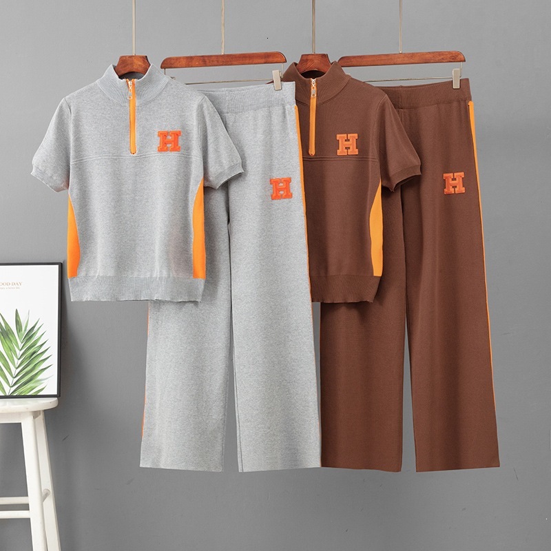 Cross-Border European Summer New Style Stand-Up Collar Zipper Fashion Embroidered Short-Sleeve Sports Casual Wide-Leg Pants Knit Suit For Women - view 3