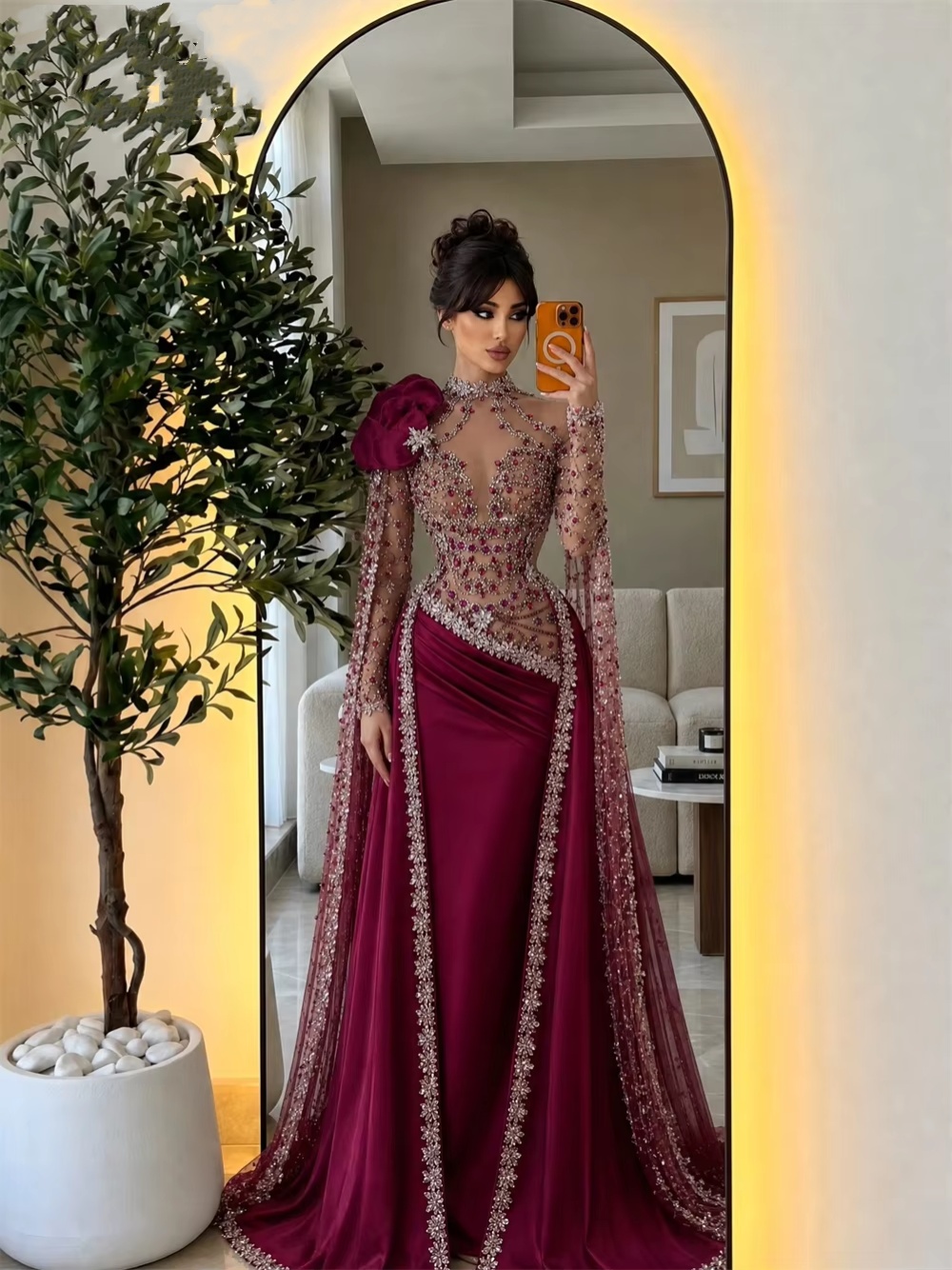 Charming Mermaid Prom Dress Crystal Beaded High Neck Evening Dresses Exquisite Lone Sleeve Floor Length Party Gowns Customized - view 3