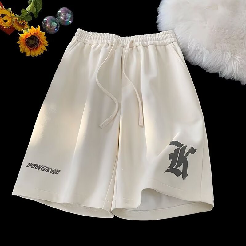 Designer Luxury Unisex Cotton Sweat Shorts White Black Two Color Drawstring Five-point Side Big Gothic K Rubber Logo Hem Cursive Print Loose Hip Hop L - view 3