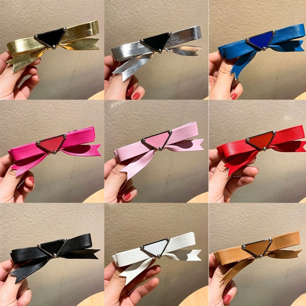 Designer Hair Clips for Women Luxury Hair Barrettes Triangle Label Bow Hairpin Multi Color Leather Duckbill Clips Minimalist Hair Accessories Premium Quality