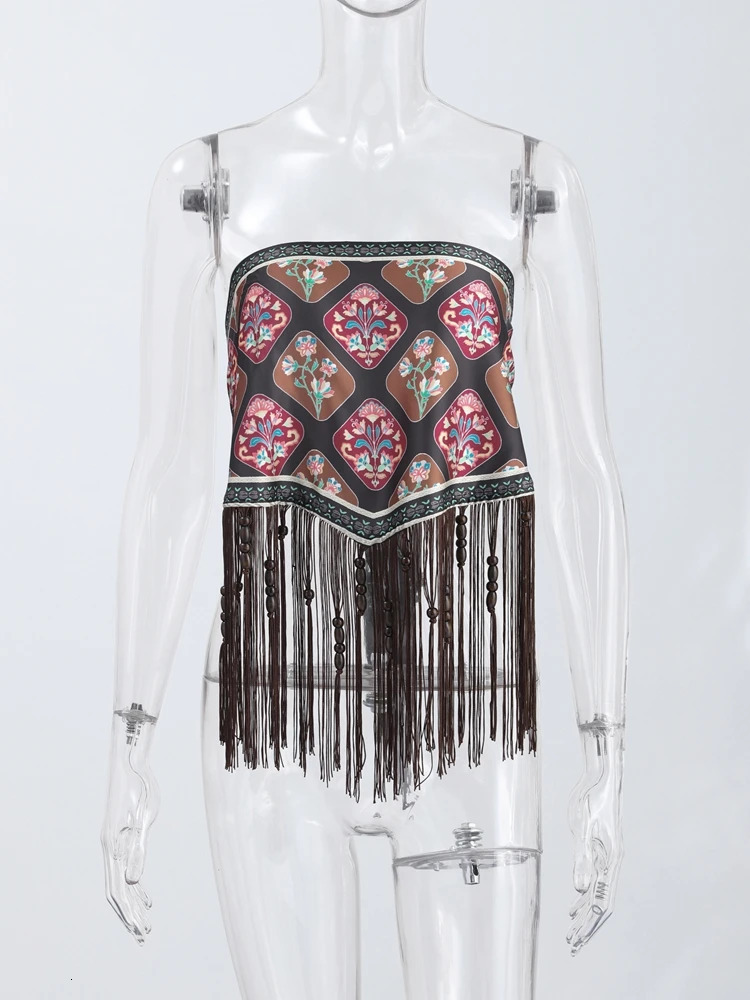 Fashion Tassel Printed Beading Scarf Women Fringe Print Satin Patchwork Scarves Shawl Tube Top Summer Vintage Accessories 260629 - view 6