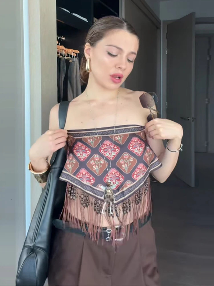 Fashion Tassel Printed Beading Scarf Women Fringe Print Satin Patchwork Scarves Shawl Tube Top Summer Vintage Accessories 260629 - view 5