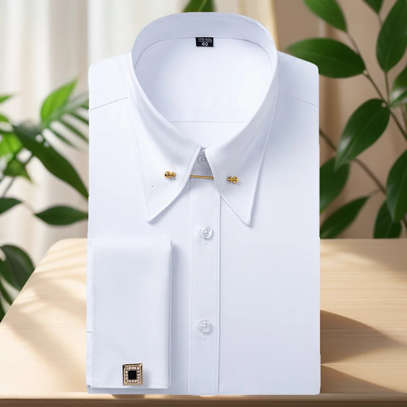 Embroidered French Cufflinks Mens Long-Sleeve Shirt with Collar Pins Big Collar Dress Shirt for Business Formal Wear Gentlema 260630 - view 7