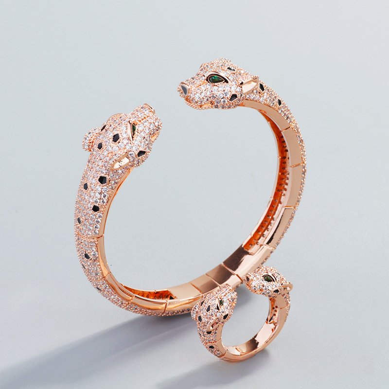 Bracelet New Leopard Full-Diamond Bracelet Ring Set Personalized Men's And Women's Jewelry Gold-Plated Copper Open Bracelet Shipping - view 4