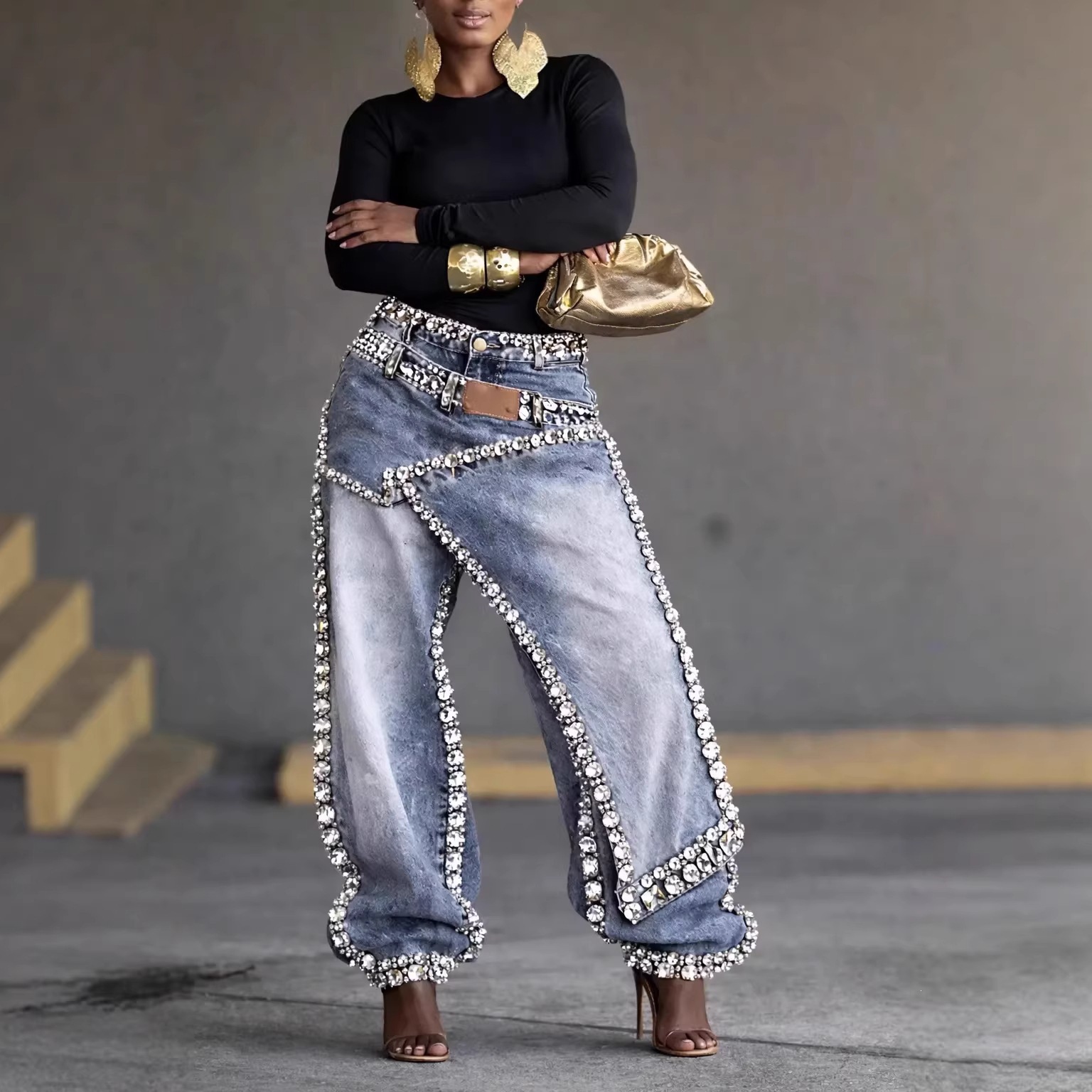 Women's Jeans Irregular Layered Rhinestone Ripped Denim Jogger Pants Trendy Hot Drill Wide Leg Cuffed Jeans Hot-Fix Rhinestones