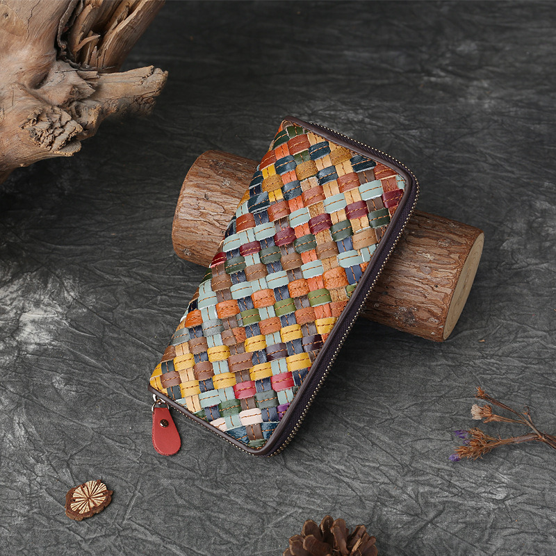 Explosive genuine leather woven long wallet with large capacity and multiple card slots zipper wallet