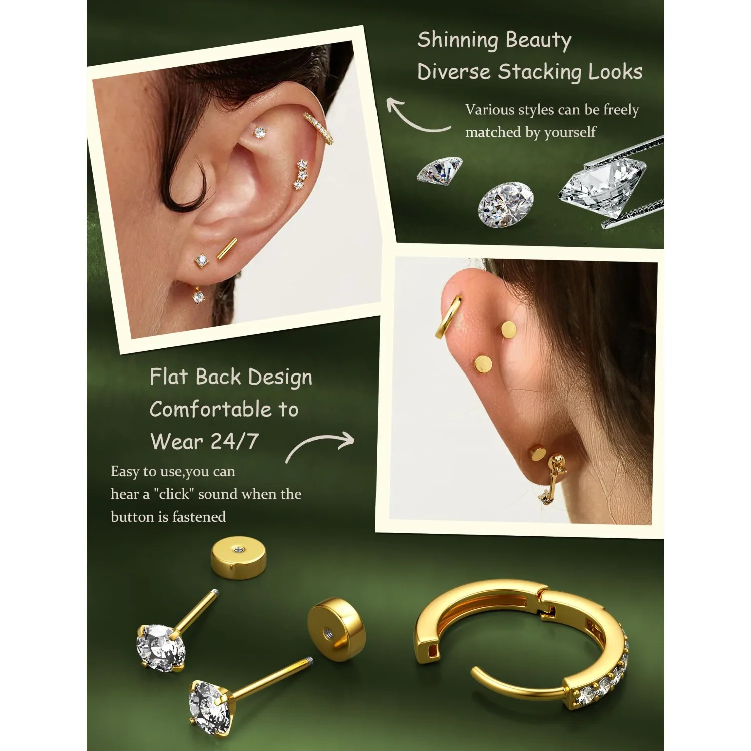 Stud Hoop Earrings for Women 9Pairs 14K Gold-plated Cartilage Earrings Dainty Trendy Flat Back Stacks Earring Set Piercing Jewel 260701 - view 6