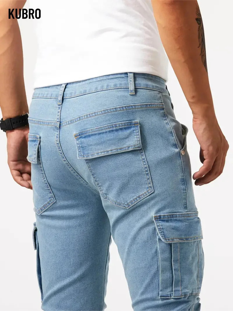 Street Elastic Jeans Men Denim Cargo Pants Wash Solid Color Multi Pockets Casual Mid Waist Trousers Slim Fit Daily Wear Joggers a260716 - view 3