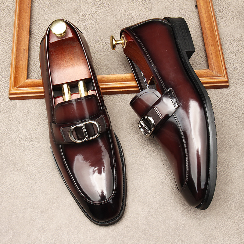 Men Gradient Brown Polished Patent Leather Metal Buckle Loafers Slip On Pointed Toe Formal Dress Shoes Handmade Business Wedding Party Leather Footwea - view 7