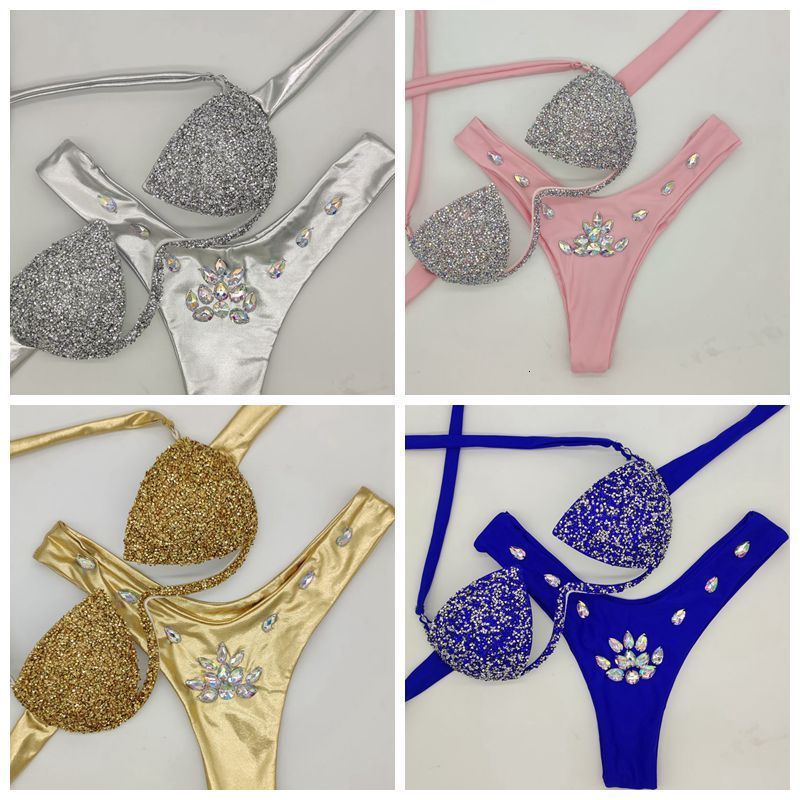 VIKINII Rose Red Crystal Biquinis Sexy Luxury Diamond Bikinis Set Women Rhinestone Swimwear Female Honey Moon Beachwear 240822