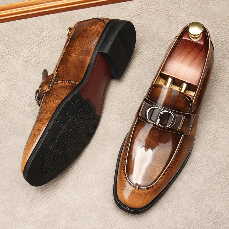 Men Gradient Brown Polished Patent Leather Metal Buckle Loafers Slip On Pointed Toe Formal Dress Shoes Handmade Business Wedding Party Leather Footwea - view 8
