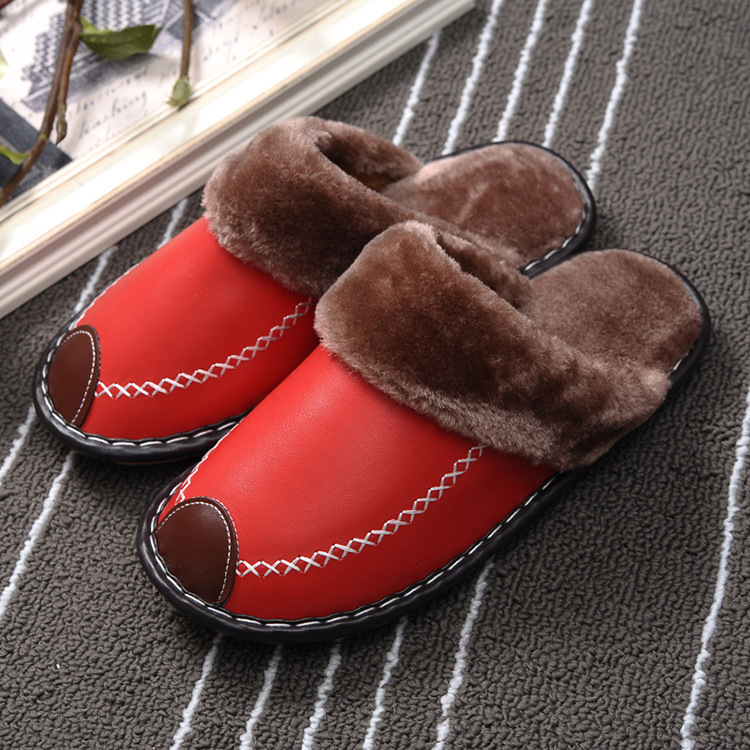 Men Winter Leather Slippers Bedroom Cotton Slippers Male Waterproof Thick Plus Velvet Indoor Warm House Home Slippers Shoes 251031