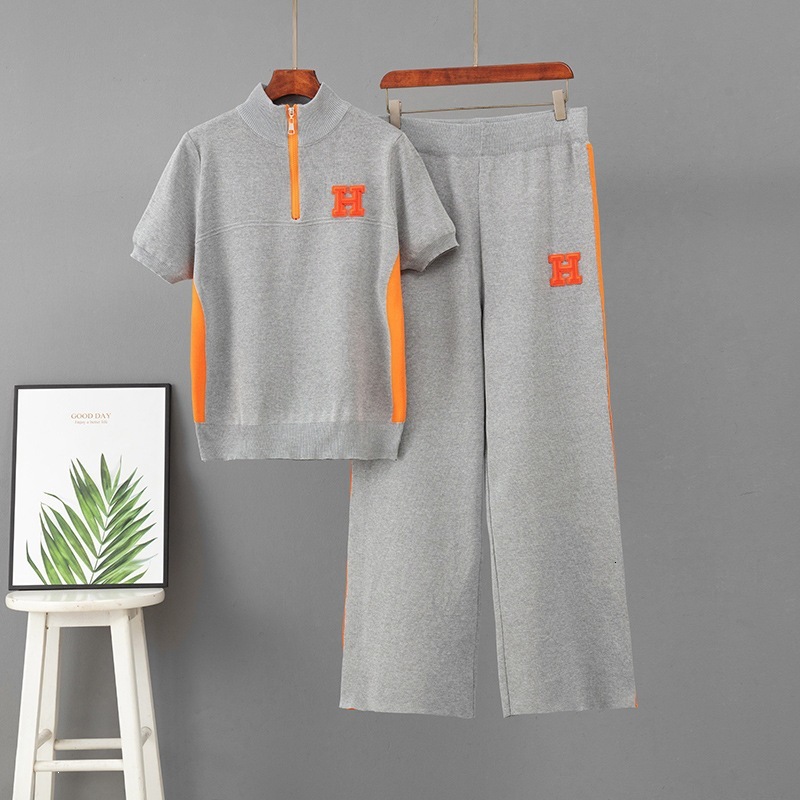 Cross-Border European Summer New Style Stand-Up Collar Zipper Fashion Embroidered Short-Sleeve Sports Casual Wide-Leg Pants Knit Suit For Women - view 6