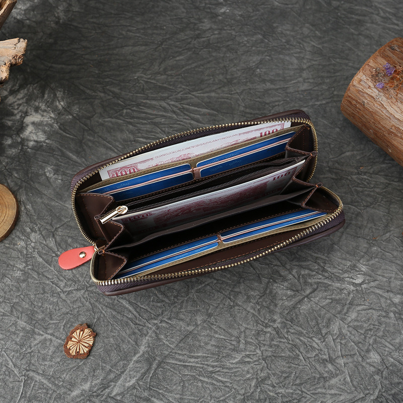 Explosive genuine leather woven long wallet with large capacity and multiple card slots zipper wallet