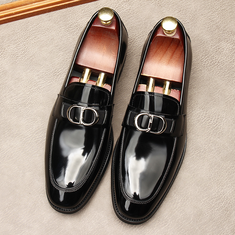 Men Gradient Brown Polished Patent Leather Metal Buckle Loafers Slip On Pointed Toe Formal Dress Shoes Handmade Business Wedding Party Leather Footwea - view 6