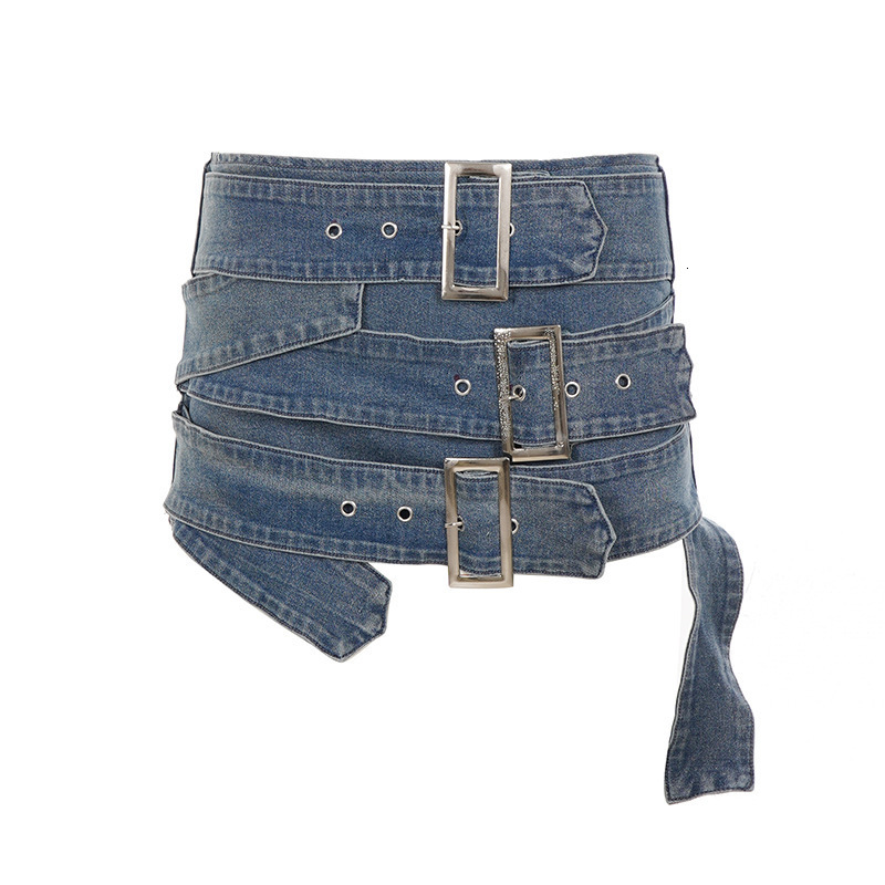 Street style denim two-piece set sexy halter top with metal buckle and bodycon denim skirt outfit 250530