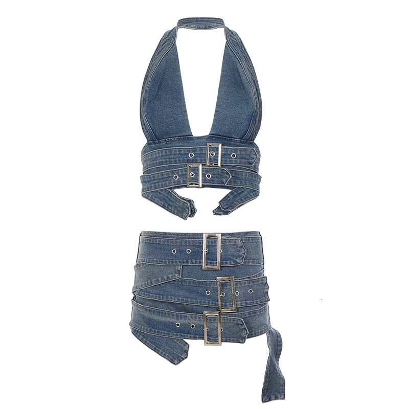 Street style denim two-piece set sexy halter top with metal buckle and bodycon denim skirt outfit 250530