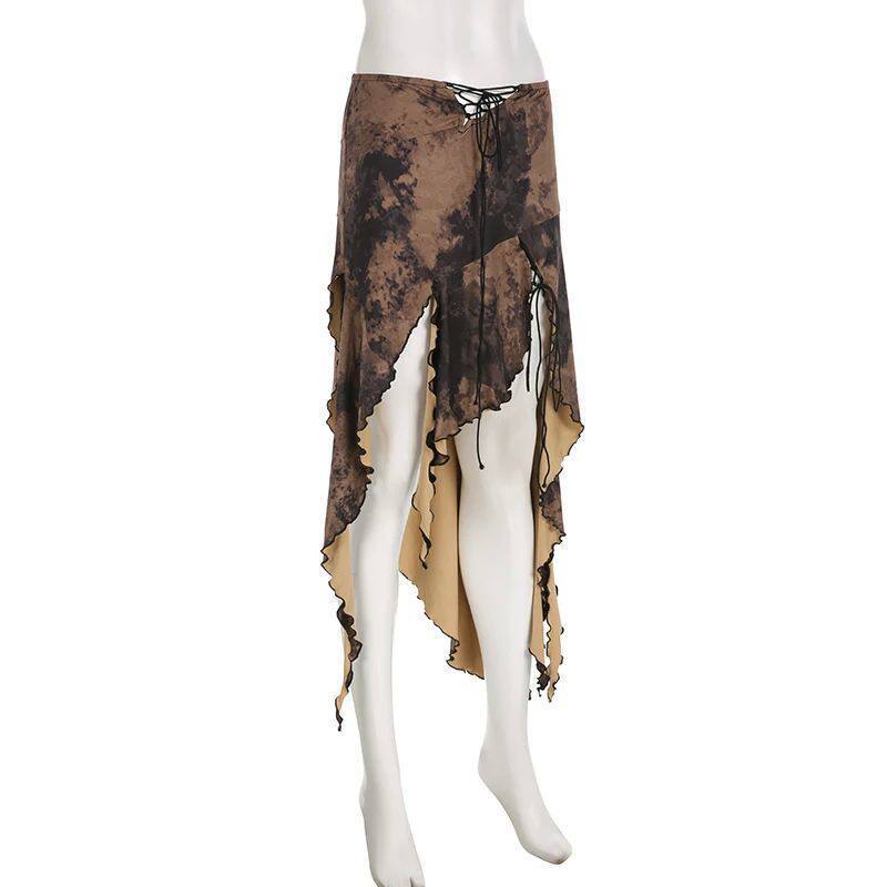 Womens Midi Skirt Low Waist High Split Vintage Pattern Print Front Tie Up Irregular Ruffle Hem Skirt for Party Club Night 250429