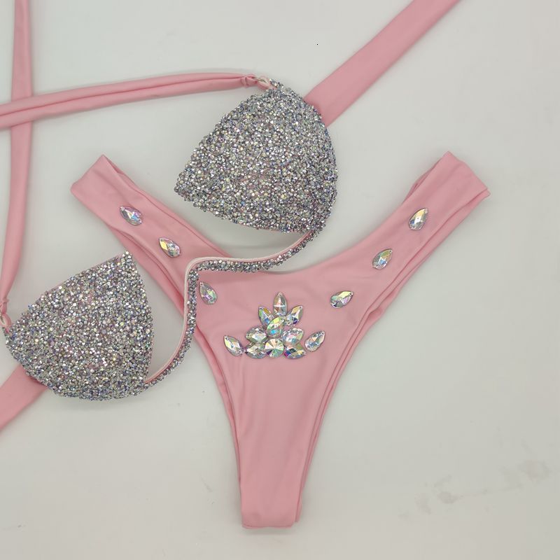 VIKINII Rose Red Crystal Biquinis Sexy Luxury Diamond Bikinis Set Women Rhinestone Swimwear Female Honey Moon Beachwear 240822