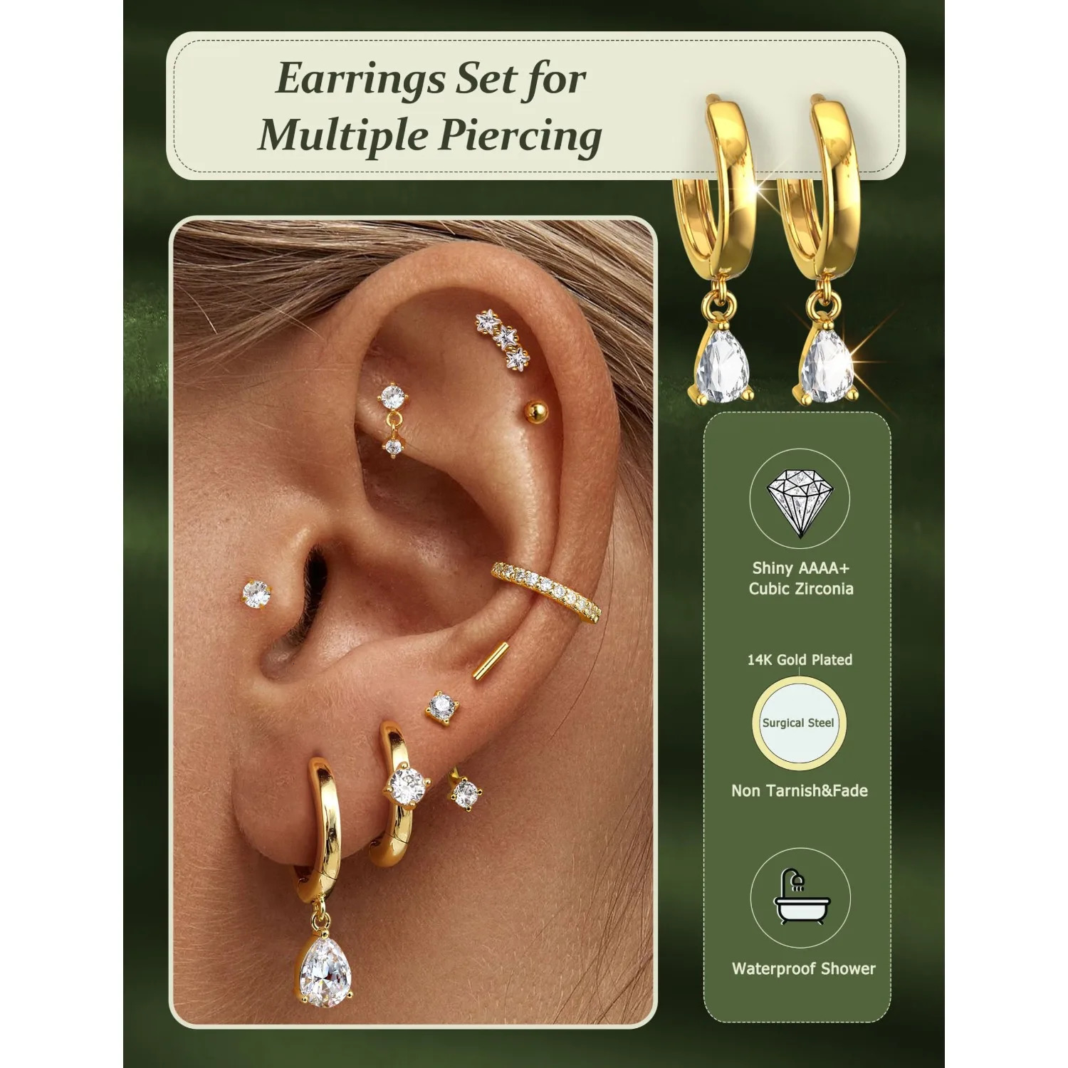 Stud Hoop Earrings for Women 9Pairs 14K Gold-plated Cartilage Earrings Dainty Trendy Flat Back Stacks Earring Set Piercing Jewel 260701 - view 4