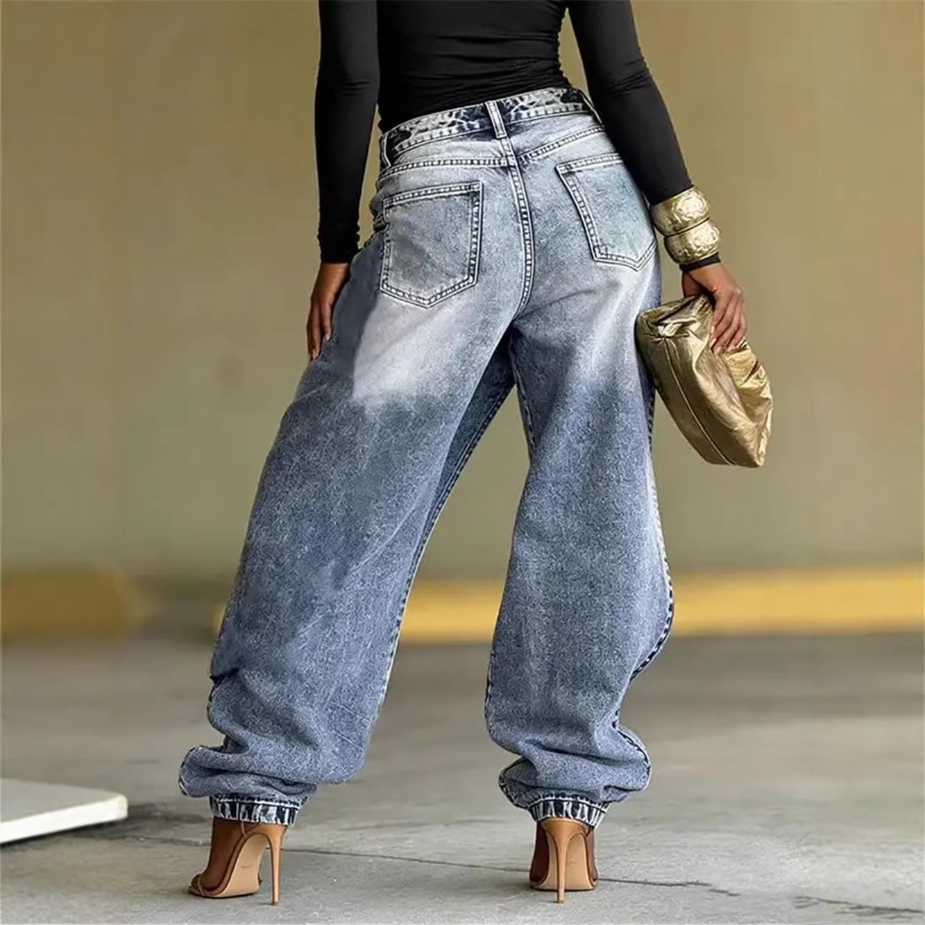 Women's Jeans Irregular Layered Rhinestone Ripped Denim Jogger Pants Trendy Hot Drill Wide Leg Cuffed Jeans Hot-Fix Rhinestones