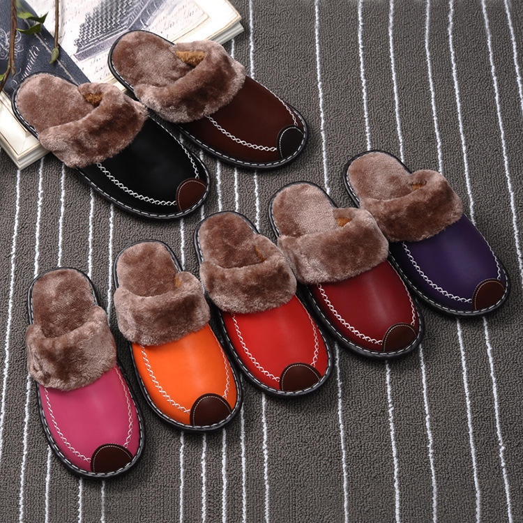 Men Winter Leather Slippers Bedroom Cotton Slippers Male Waterproof Thick Plus Velvet Indoor Warm House Home Slippers Shoes 251031