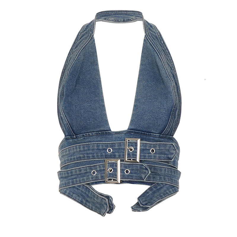 Street style denim two-piece set sexy halter top with metal buckle and bodycon denim skirt outfit 250530