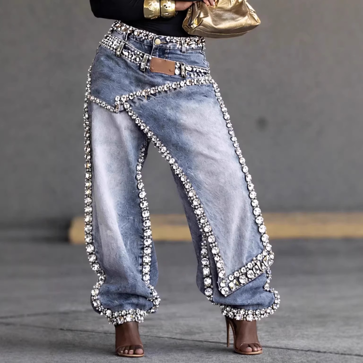 Women's Jeans Irregular Layered Rhinestone Ripped Denim Jogger Pants Trendy Hot Drill Wide Leg Cuffed Jeans Hot-Fix Rhinestones