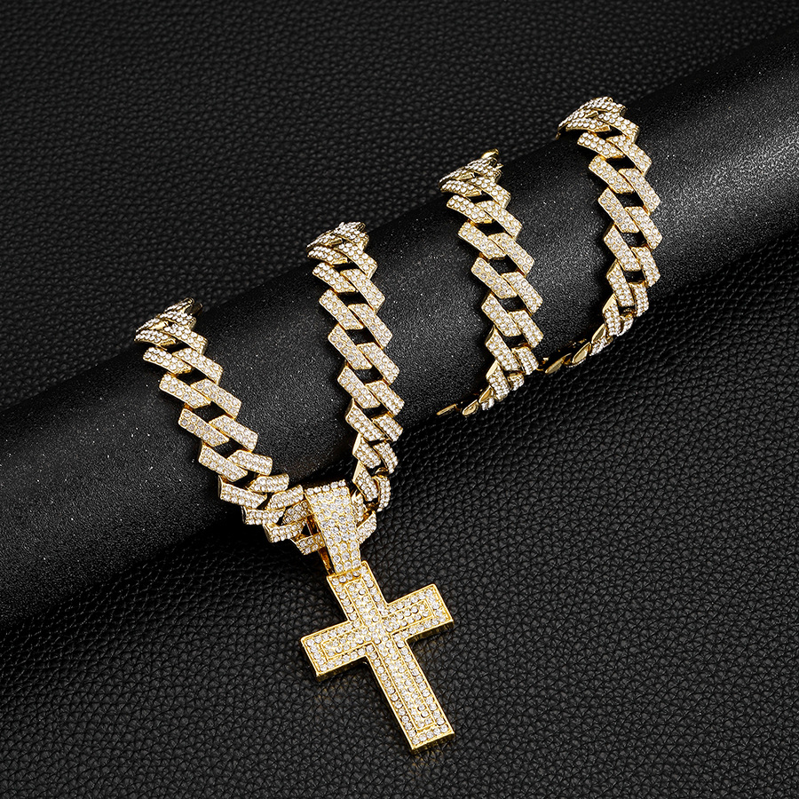 New Iced Out Men Necklace Boy Jewelry Zircon Paved Cross Charm Chain Hip Hop Cuban Necklace 18inch(45cm) - view 3
