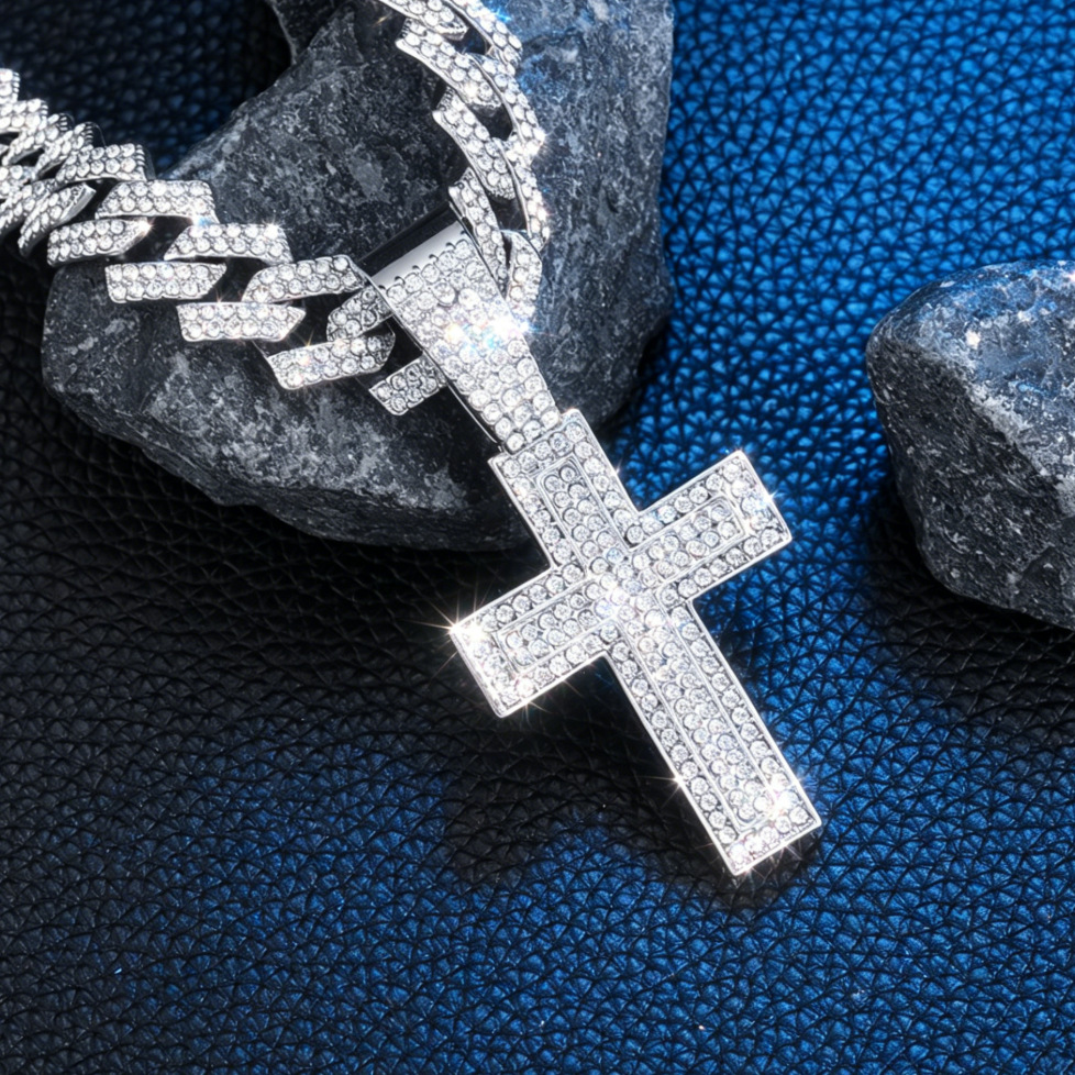 New Iced Out Men Necklace Boy Jewelry Zircon Paved Cross Charm Chain Hip Hop Cuban Necklace 18inch(45cm) - view 5