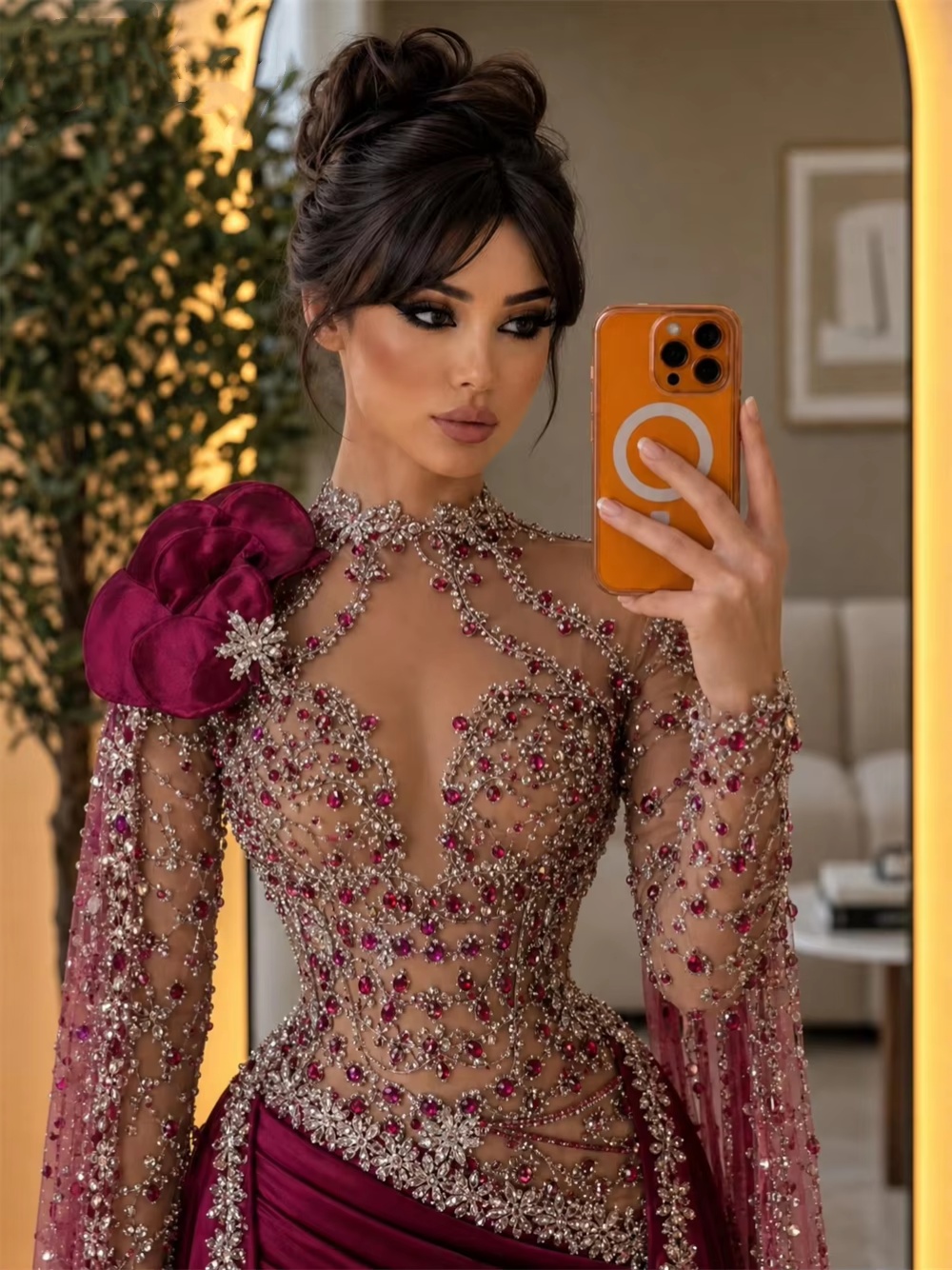 Charming Mermaid Prom Dress Crystal Beaded High Neck Evening Dresses Exquisite Lone Sleeve Floor Length Party Gowns Customized - view 4