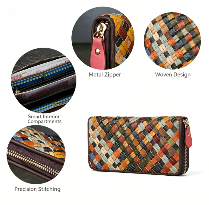 Explosive genuine leather woven long wallet with large capacity and multiple card slots zipper wallet
