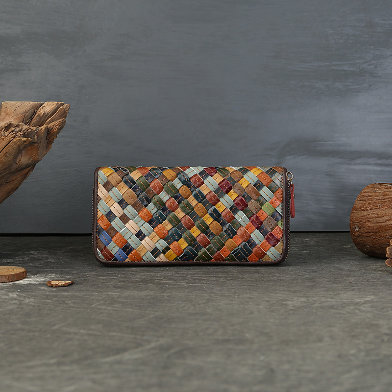 Explosive genuine leather woven long wallet with large capacity and multiple card slots zipper wallet