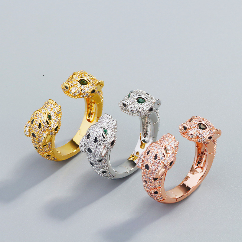 Bracelet New Leopard Full-Diamond Bracelet Ring Set Personalized Men's And Women's Jewelry Gold-Plated Copper Open Bracelet Shipping - view 5