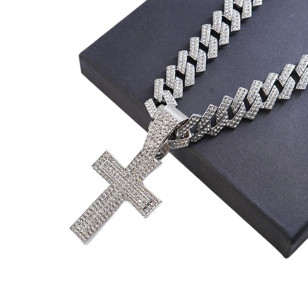 New Iced Out Men Necklace Boy Jewelry Zircon Paved Cross Charm Chain Hip Hop Cuban Necklace 18inch(45cm) - view 7
