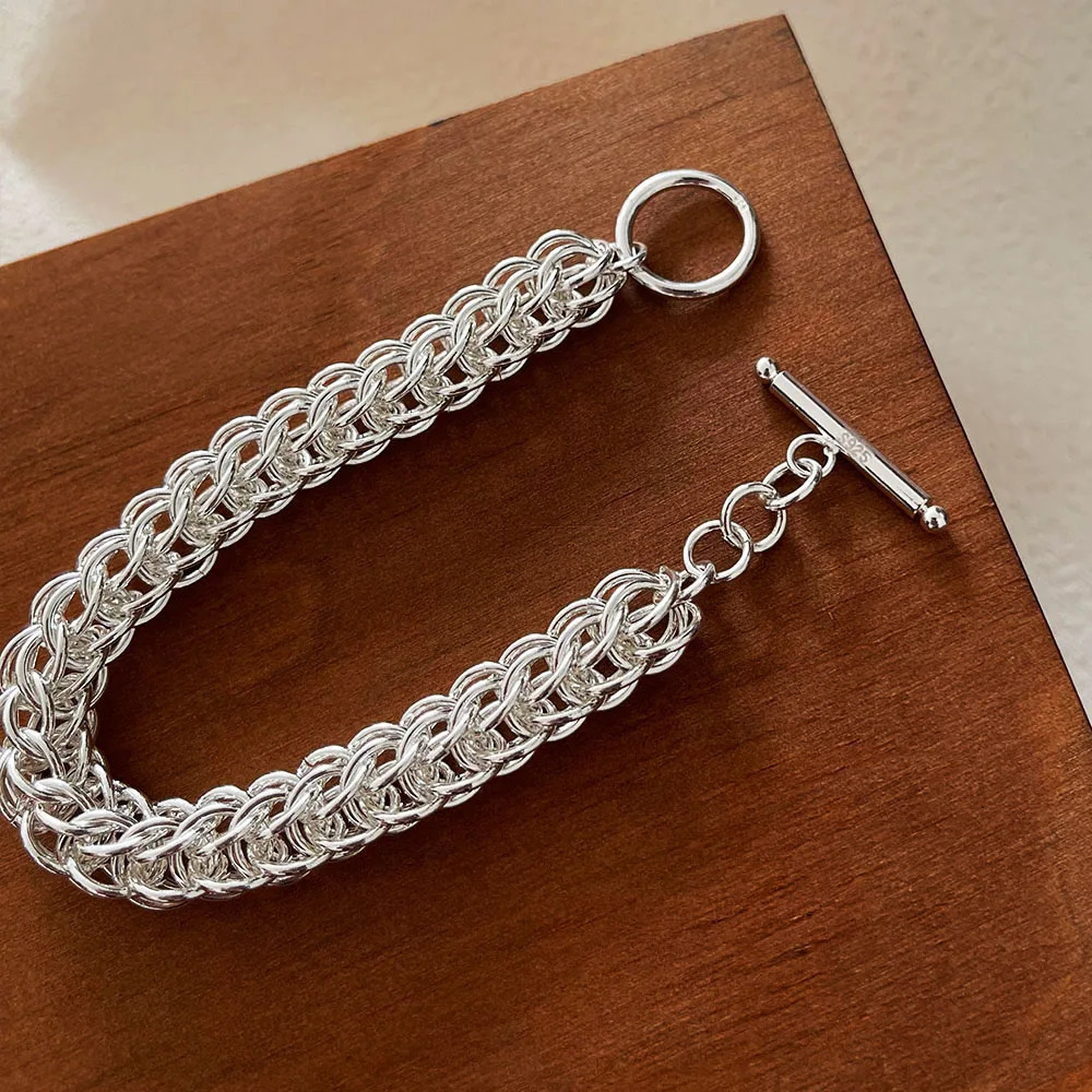 100 Solid 925 Sterling Silver Metal Bracelet for Women Vintage Handmade Simple Wide Heart Chain Bracelet Birthday Gift Party 260701 - view 6