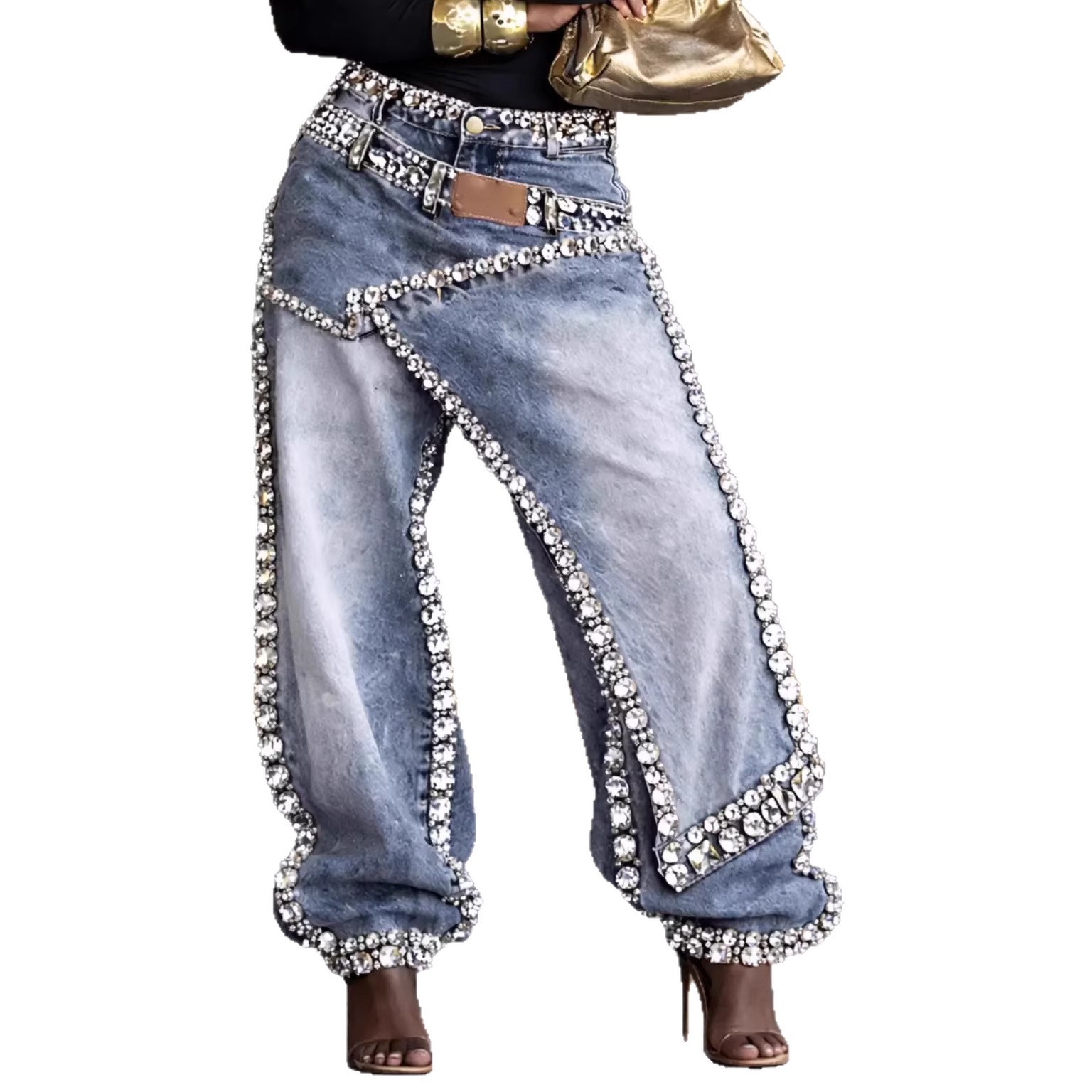 Women's Jeans Irregular Layered Rhinestone Ripped Denim Jogger Pants Trendy Hot Drill Wide Leg Cuffed Jeans Hot-Fix Rhinestones