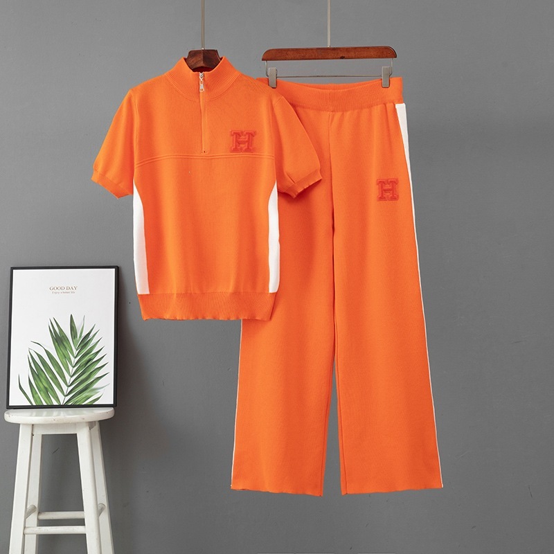 Cross-Border European Summer New Style Stand-Up Collar Zipper Fashion Embroidered Short-Sleeve Sports Casual Wide-Leg Pants Knit Suit For Women - view 4