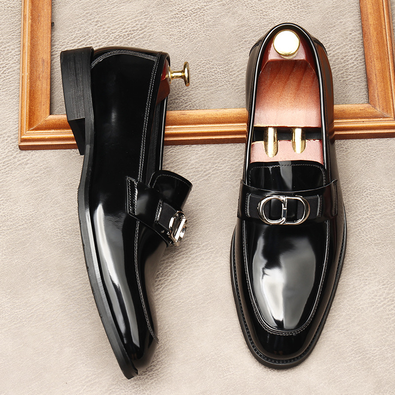 Men Gradient Brown Polished Patent Leather Metal Buckle Loafers Slip On Pointed Toe Formal Dress Shoes Handmade Business Wedding Party Leather Footwea - view 4