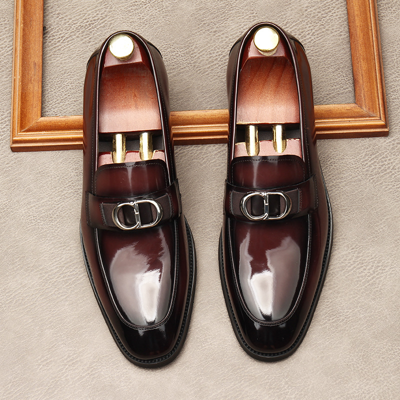 Men Gradient Brown Polished Patent Leather Metal Buckle Loafers Slip On Pointed Toe Formal Dress Shoes Handmade Business Wedding Party Leather Footwea - view 5