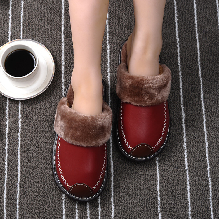Men Winter Leather Slippers Bedroom Cotton Slippers Male Waterproof Thick Plus Velvet Indoor Warm House Home Slippers Shoes 251031