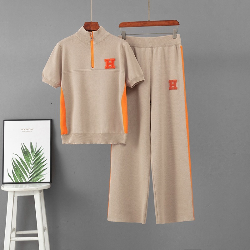 Cross-Border European Summer New Style Stand-Up Collar Zipper Fashion Embroidered Short-Sleeve Sports Casual Wide-Leg Pants Knit Suit For Women - view 5